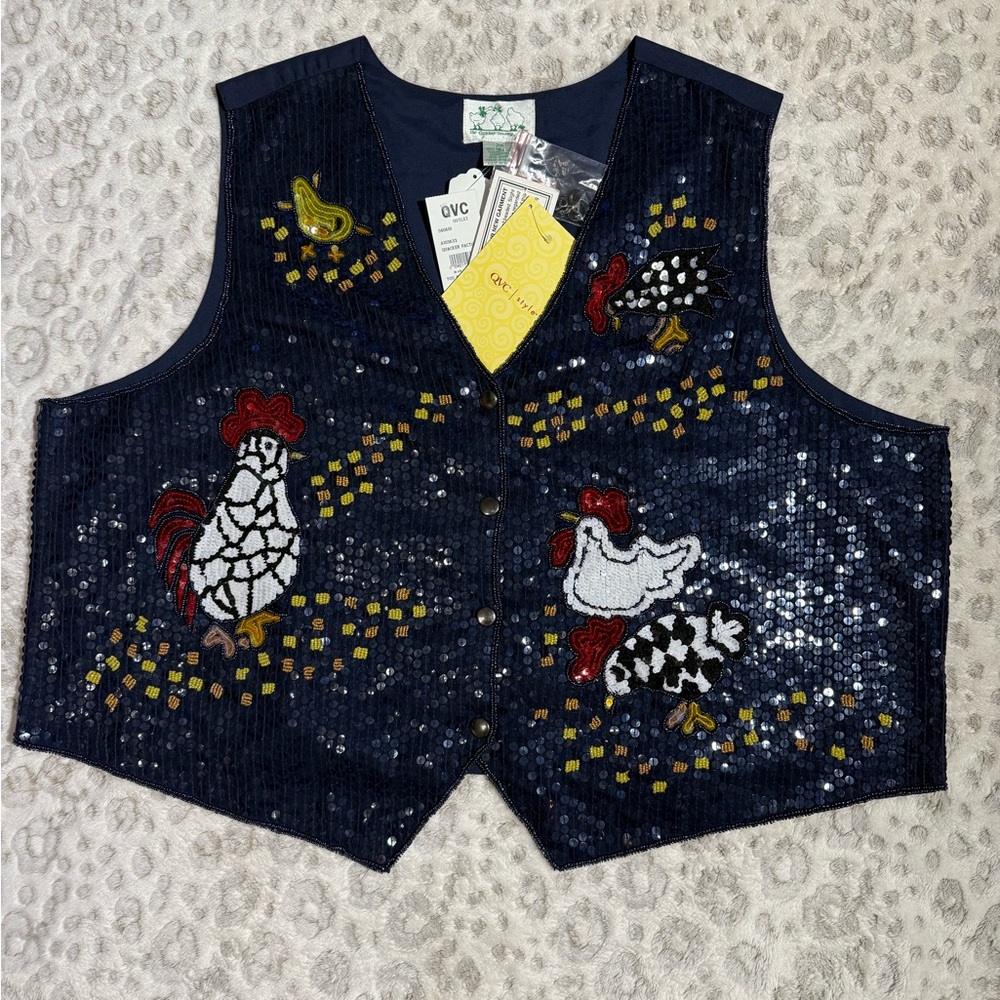 QUACKER FACTORY 2XL Sequin‎ Beaded Vest Animal~ Farm Chicken Hen/Rooster